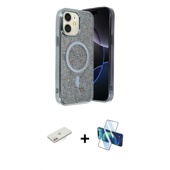 MARSİLYAN™- iPhone 11 Kılıf Eksen Çizgi - Siyah 3D Antistatik Cam Ekran Koruyucu + Pembe Renkli Kamera Lens Koruma Cam