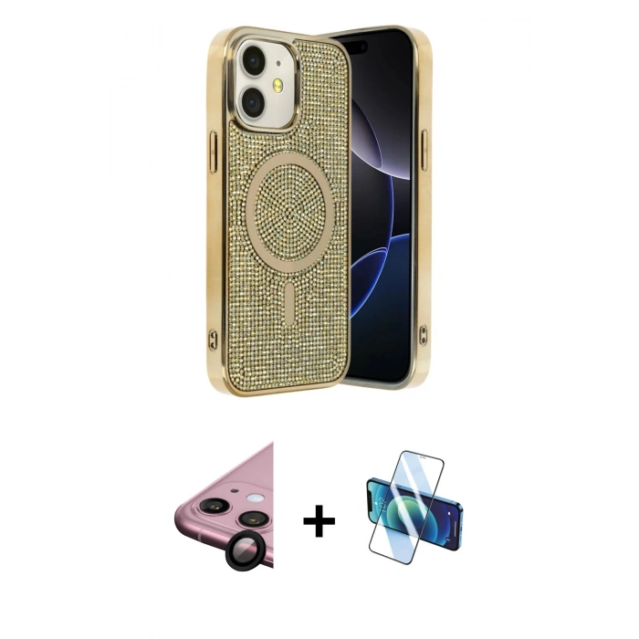 MARSİLYAN™- iPhone 11 Kılıf Eksen Çizgi - Siyah 3D Antistatik Cam Ekran Koruyucu + Raze Metal Kamera Lens - SH
