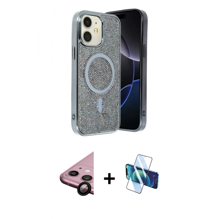 MARSİLYAN™- iPhone 11 Kılıf Eksen Çizgi - Siyah 3D Antistatik Cam Ekran Koruyucu + Raze Metal Kamera Lens - SH