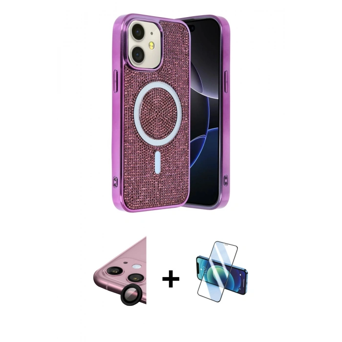 MARSİLYAN™- iPhone 11 Kılıf Eksen Çizgi - Siyah 3D Antistatik Cam Ekran Koruyucu + Raze Metal Kamera Lens - SH