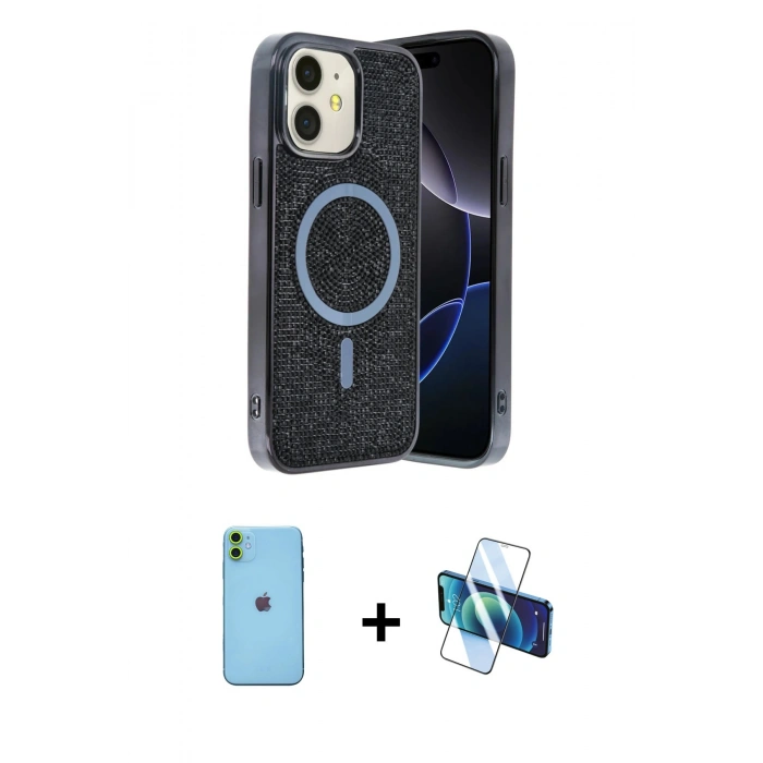 MARSİLYAN™- iPhone 11 Kılıf Eksen Çizgi - Siyah 3D Antistatik Cam Ekran Koruyucu + Neon Fosforlu Kamera Lens - YL