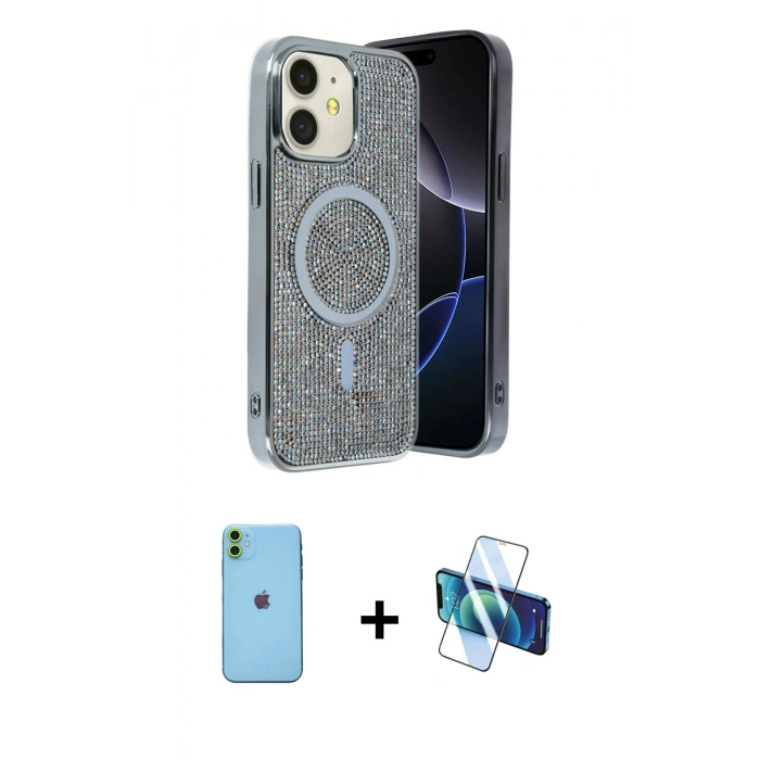 MARSİLYAN™- iPhone 11 Kılıf Eksen Çizgi - Siyah 3D Antistatik Cam Ekran Koruyucu + Neon Fosforlu Kamera Lens - YL