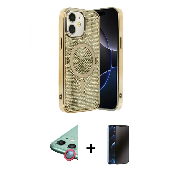 MARSİLYAN™- iPhone 11 Kılıf Eksen Çizgi - Siyah 3D Antistatik Hayalet Cam Ekran Koruyucu + Raze Metal Kamera Lens - KI