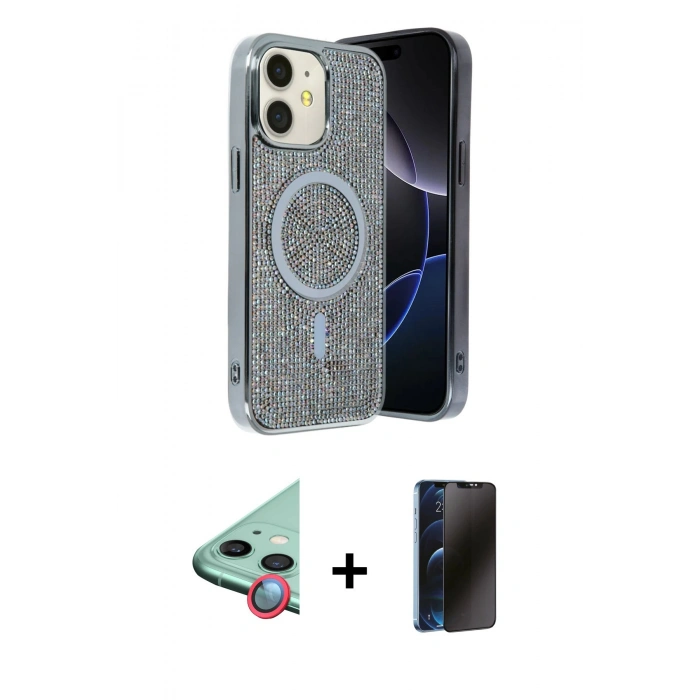 MARSİLYAN™- iPhone 11 Kılıf Eksen Çizgi - Siyah 3D Antistatik Hayalet Cam Ekran Koruyucu + Raze Metal Kamera Lens - KI