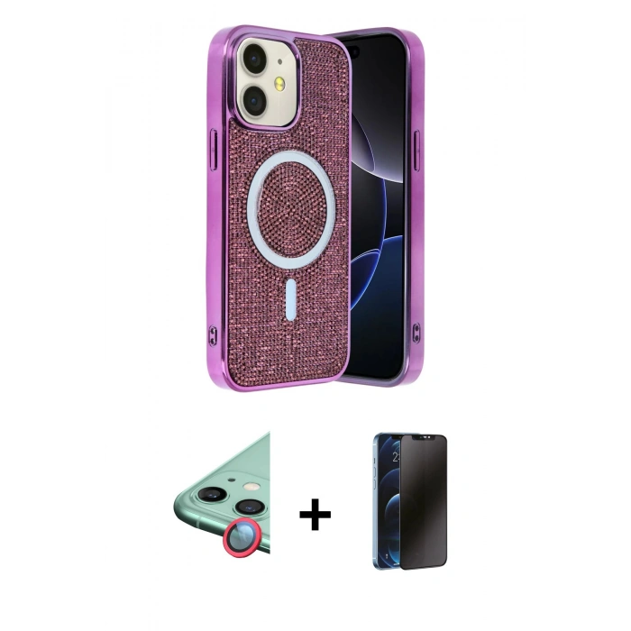 MARSİLYAN™- iPhone 11 Kılıf Eksen Çizgi - Siyah 3D Antistatik Hayalet Cam Ekran Koruyucu + Raze Metal Kamera Lens - KI