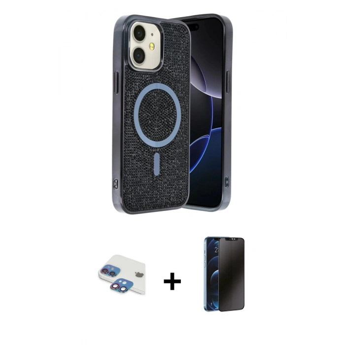 MARSİLYAN™- iPhone 11 Kılıf Eksen Çizgi - Siyah 3D Antistatik Hayalet Cam Ekran Koruyucu + Pers Alüminyum Kamera Lens - GI