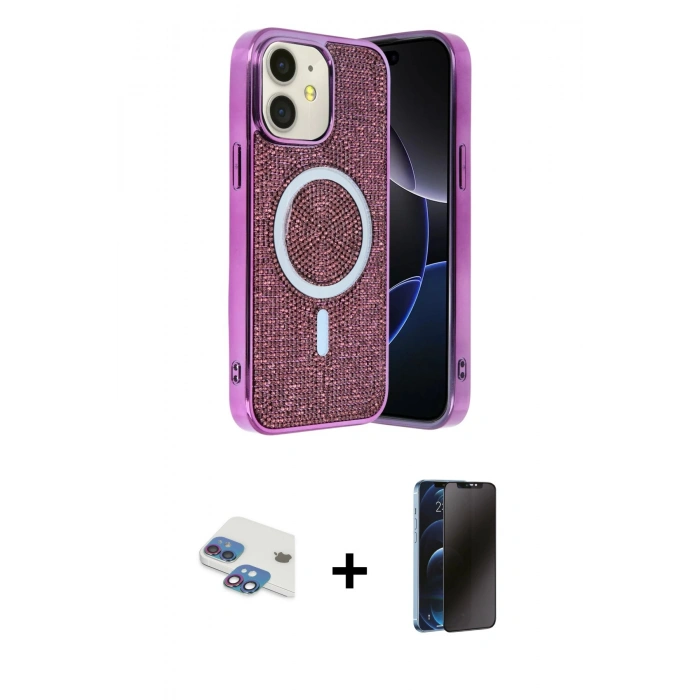 MARSİLYAN™- iPhone 11 Kılıf Eksen Çizgi - Siyah 3D Antistatik Hayalet Cam Ekran Koruyucu + Pers Alüminyum Kamera Lens - GI