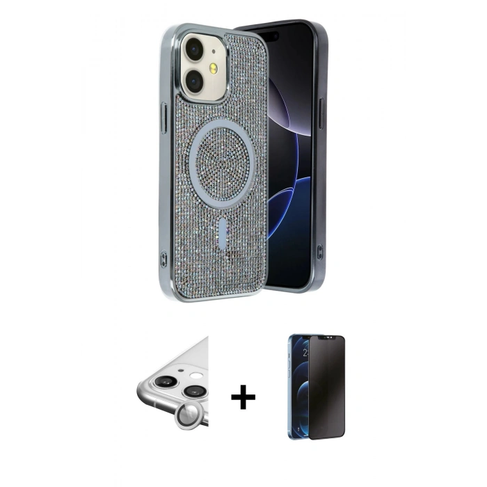 MARSİLYAN™- iPhone 11 Kılıf Eksen Çizgi - Siyah 3D Antistatik Hayalet Cam Ekran Koruyucu + Raze Metal Kamera Lens - GS