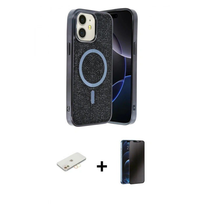 MARSİLYAN™- iPhone 11 Kılıf Eksen Çizgi - Siyah 3D Antistatik Hayalet Cam Ekran Koruyucu + Renkli Kamera Lens Koruma Cam - SI
