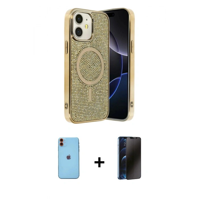 MARSİLYAN™- iPhone 11 Kılıf Eksen Çizgi - Siyah 3D Antistatik Hayalet Cam Ekran Koruyucu + Neon Fosforlu Kamera Lens - TU