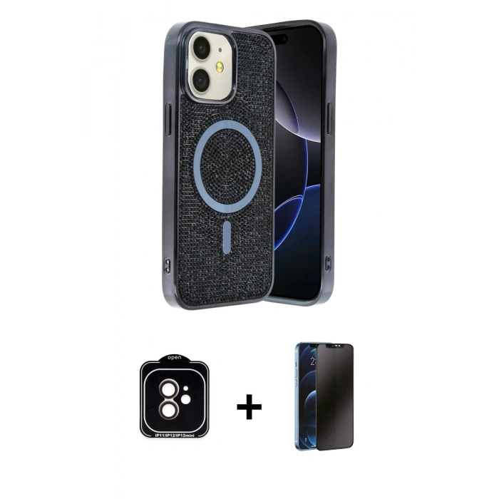 MARSİLYAN™- iPhone 11 Kılıf Eksen Çizgi - Siyah 3D Antistatik Hayalet Cam Ekran Koruyucu + PVD Metal Kamera Lens - TU