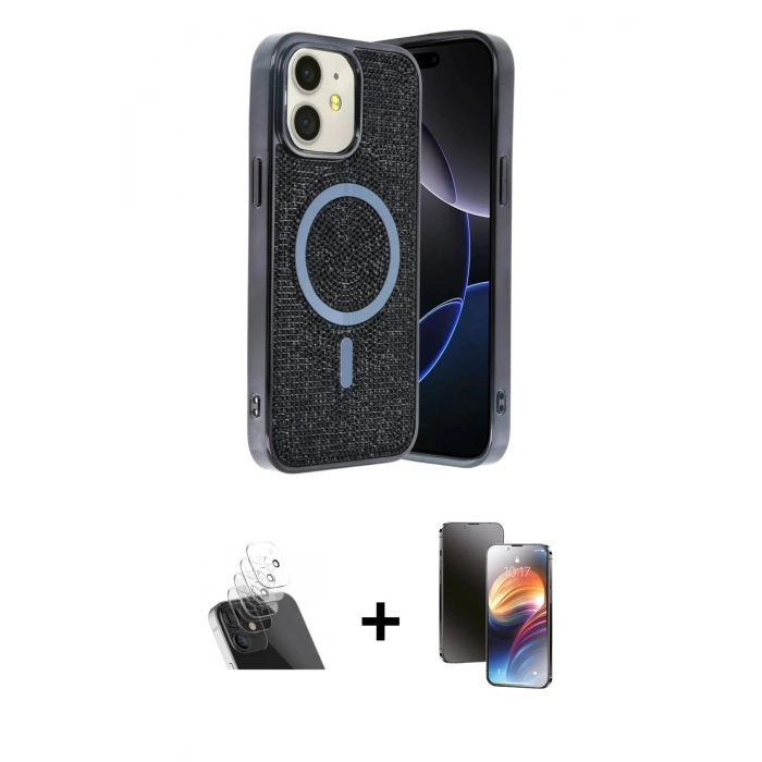 MARSİLYAN™- iPhone 11 Kılıf Eksen Çizgi - Siyah 3D Antistatik Mat Seramik Nano Ekran Koruyucu + Kamera Lens Koruma Cam - SF