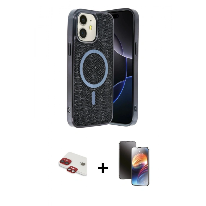 MARSİLYAN™- iPhone 11 Kılıf Eksen Çizgi - Siyah 3D Antistatik Mat Seramik Nano Ekran Koruyucu + Pers Alüminyum Kamera Lens - KI