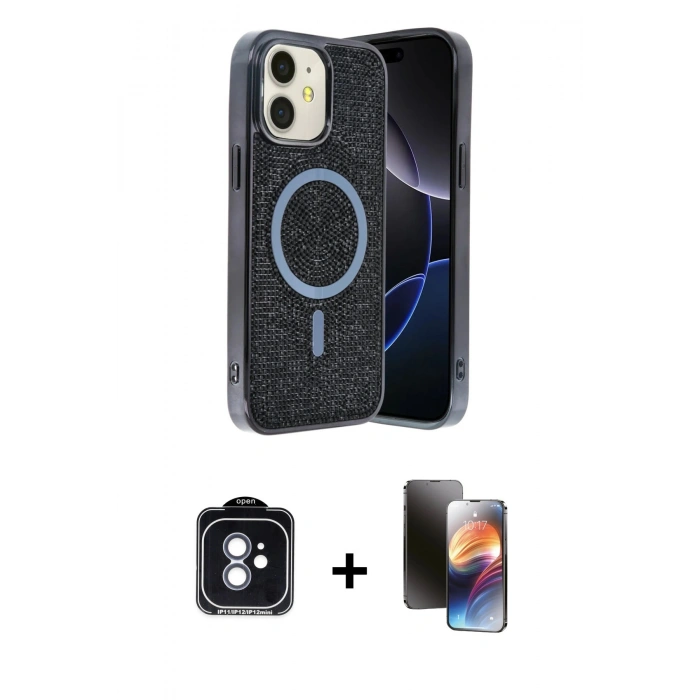 MARSİLYAN™- iPhone 11 Kılıf Eksen Çizgi - Siyah 3D Antistatik Mat Seramik Nano Ekran Koruyucu + PVD Metal Kamera Lens - MI