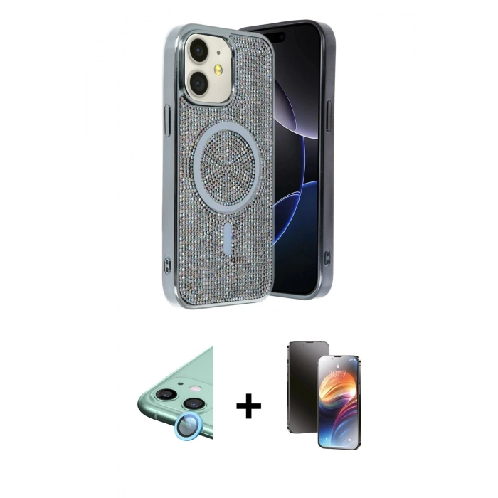MARSİLYAN™- iPhone 11 Kılıf Eksen Çizgi - Siyah 3D Antistatik Mat Seramik Nano Ekran Koruyucu + Mavi Raze Metal Kamera Lens