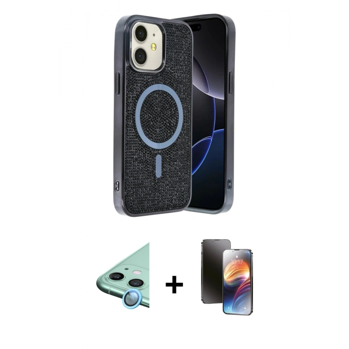 MARSİLYAN™- iPhone 11 Kılıf Eksen Çizgi - Siyah 3D Antistatik Mat Seramik Nano Ekran Koruyucu + Mavi Raze Metal Kamera Lens