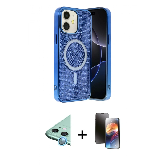 MARSİLYAN™- iPhone 11 Kılıf Eksen Çizgi - Siyah 3D Antistatik Mat Seramik Nano Ekran Koruyucu + Mavi Raze Metal Kamera Lens