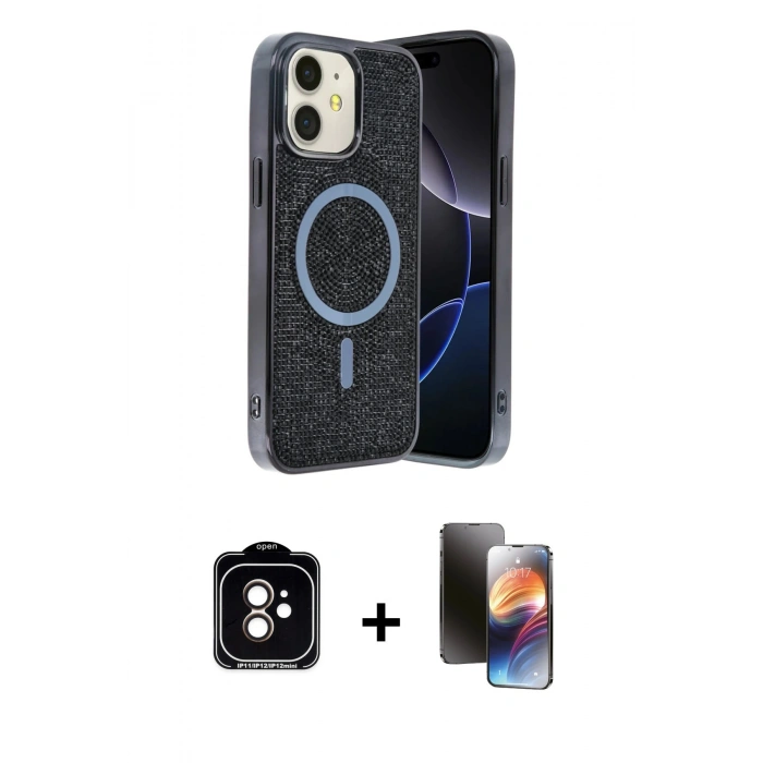 MARSİLYAN™- iPhone 11 Kılıf Eksen Çizgi - Siyah 3D Antistatik Mat Seramik Nano Ekran Koruyucu + PVD Metal Kamera Lens - TU
