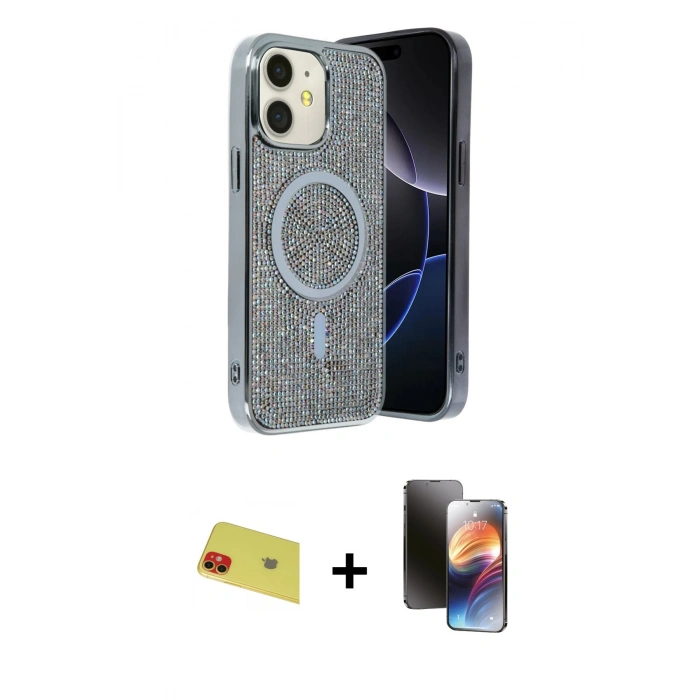 MARSİLYAN™- iPhone 11 Kılıf Eksen Çizgi - Siyah 3D Antistatik Mat Seramik Nano Ekran Koruyucu + Rainbow Kamera Lens Koruma Cam - KI