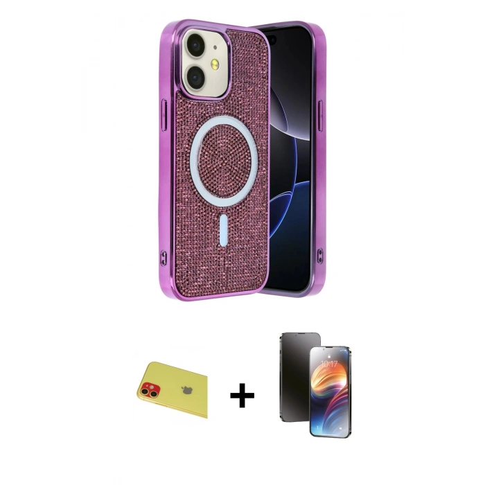 MARSİLYAN™- iPhone 11 Kılıf Eksen Çizgi - Siyah 3D Antistatik Mat Seramik Nano Ekran Koruyucu + Rainbow Kamera Lens Koruma Cam - KI