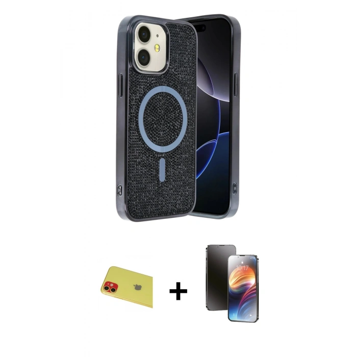 MARSİLYAN™- iPhone 11 Kılıf Eksen Çizgi - Siyah 3D Antistatik Mat Seramik Nano Ekran Koruyucu + Rainbow Kamera Lens Koruma Cam - KI