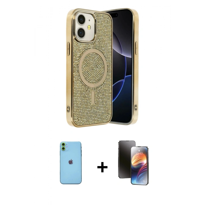 MARSİLYAN™- iPhone 11 Kılıf Eksen Çizgi - Siyah 3D Antistatik Mat Seramik Nano Ekran Koruyucu + Neon Fosforlu Kamera Lens - YL