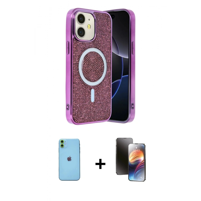 MARSİLYAN™- iPhone 11 Kılıf Eksen Çizgi - Siyah 3D Antistatik Mat Seramik Nano Ekran Koruyucu + Neon Fosforlu Kamera Lens - YL