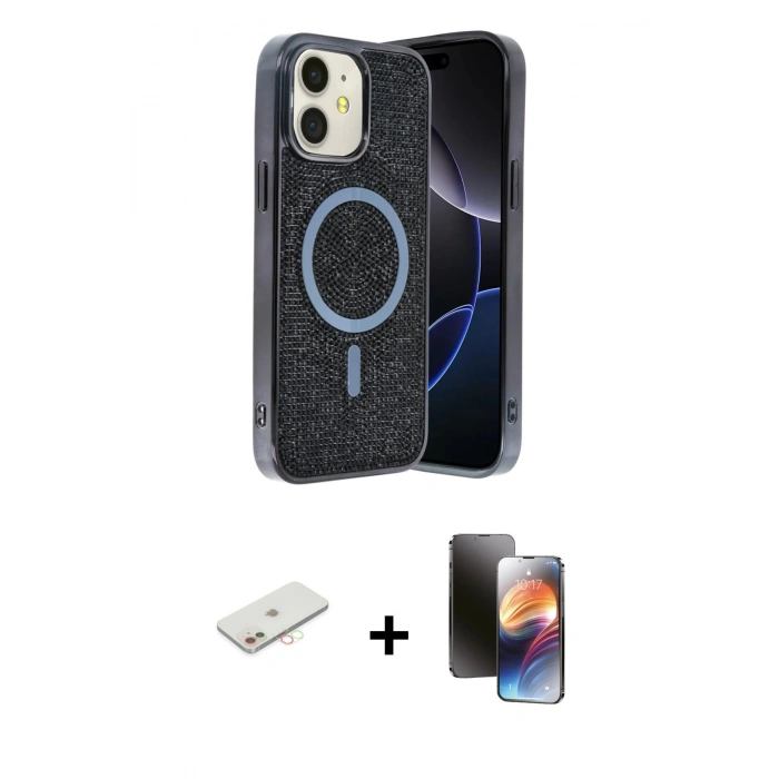 MARSİLYAN™- iPhone 11 Kılıf Eksen Çizgi - Siyah 3D Antistatik Mat Seramik Nano Ekran Koruyucu + Renkli Kamera Lens Koruma Cam - YL