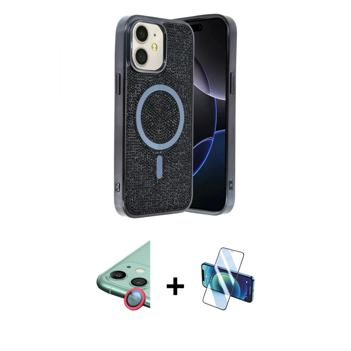 MARSİLYAN™- iPhone 11 Kılıf Eksen Çizgi - Siyah 3D Antistatik Seramik Nano Ekran Koruyucu + Raze Metal Kamera Lens - KI