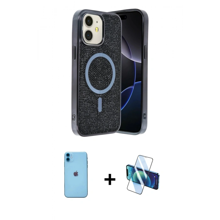 MARSİLYAN™- iPhone 11 Kılıf Eksen Çizgi - Siyah 3D Antistatik Seramik Nano Ekran Koruyucu + Neon Fosforlu Kamera Lens - MI