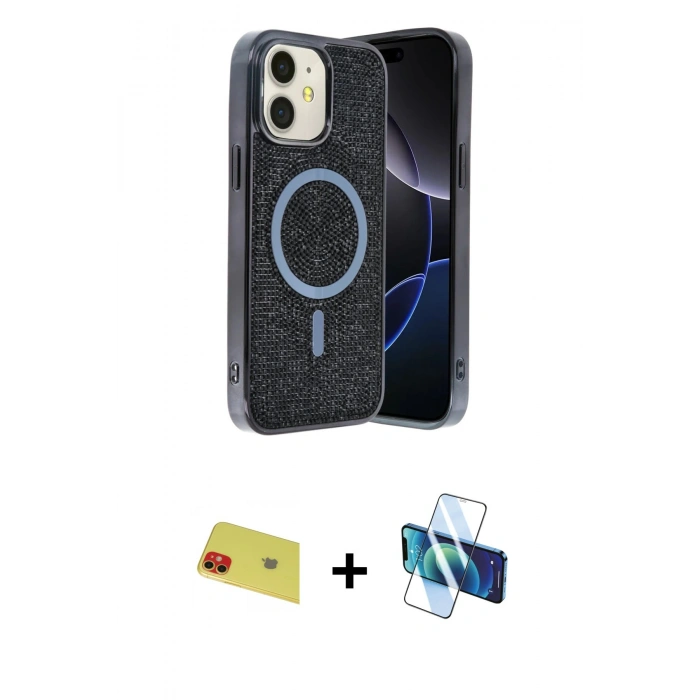 MARSİLYAN™- iPhone 11 Kılıf Eksen Çizgi - Siyah 3D Antistatik Seramik Nano Ekran Koruyucu + Rainbow Kamera Lens Koruma Cam - KI