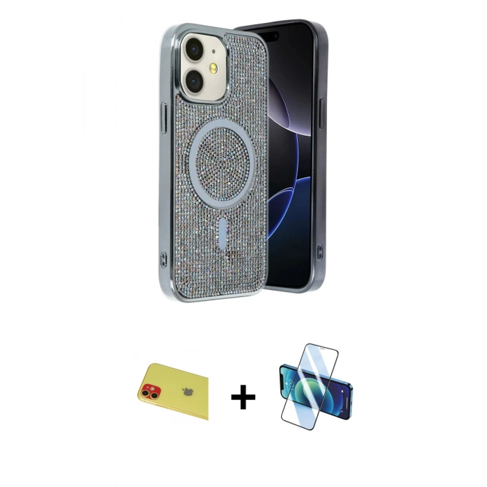 MARSİLYAN™- iPhone 11 Kılıf Eksen Çizgi - Siyah 3D Antistatik Seramik Nano Ekran Koruyucu + Rainbow Kamera Lens Koruma Cam - KI