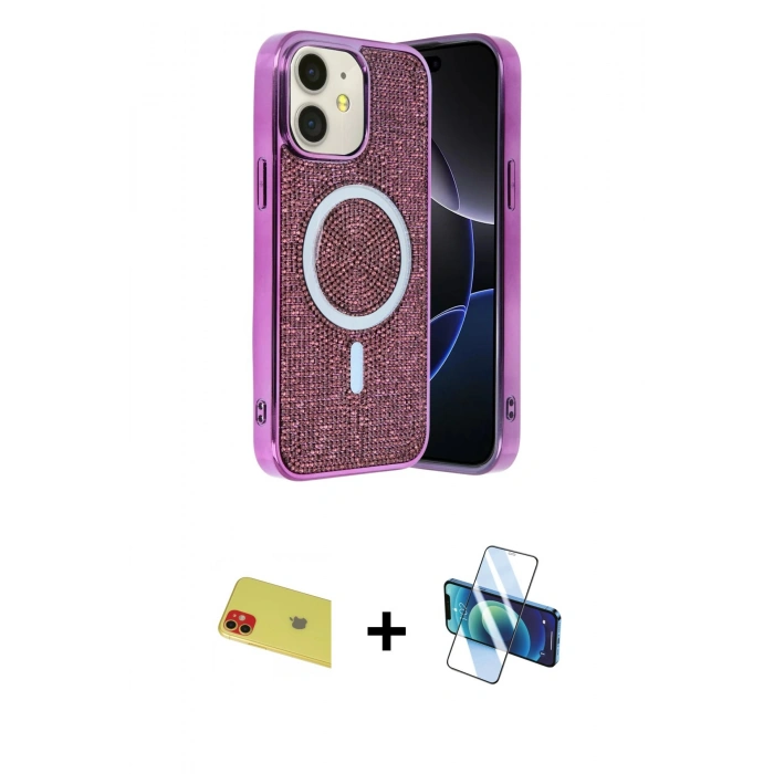 MARSİLYAN™- iPhone 11 Kılıf Eksen Çizgi - Siyah 3D Antistatik Seramik Nano Ekran Koruyucu + Rainbow Kamera Lens Koruma Cam - KI