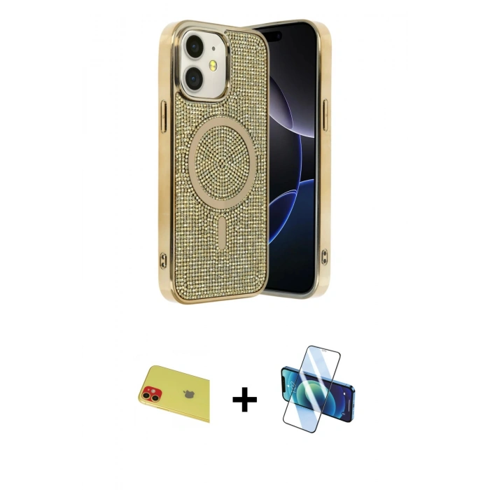 MARSİLYAN™- iPhone 11 Kılıf Eksen Çizgi - Siyah 3D Antistatik Seramik Nano Ekran Koruyucu + Rainbow Kamera Lens Koruma Cam - KI