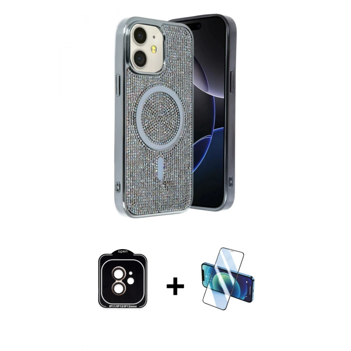 MARSİLYAN™- iPhone 11 Kılıf Eksen Çizgi - Siyah 3D Antistatik Seramik Nano Ekran Koruyucu + Turuncu PVD Metal Kamera Lens