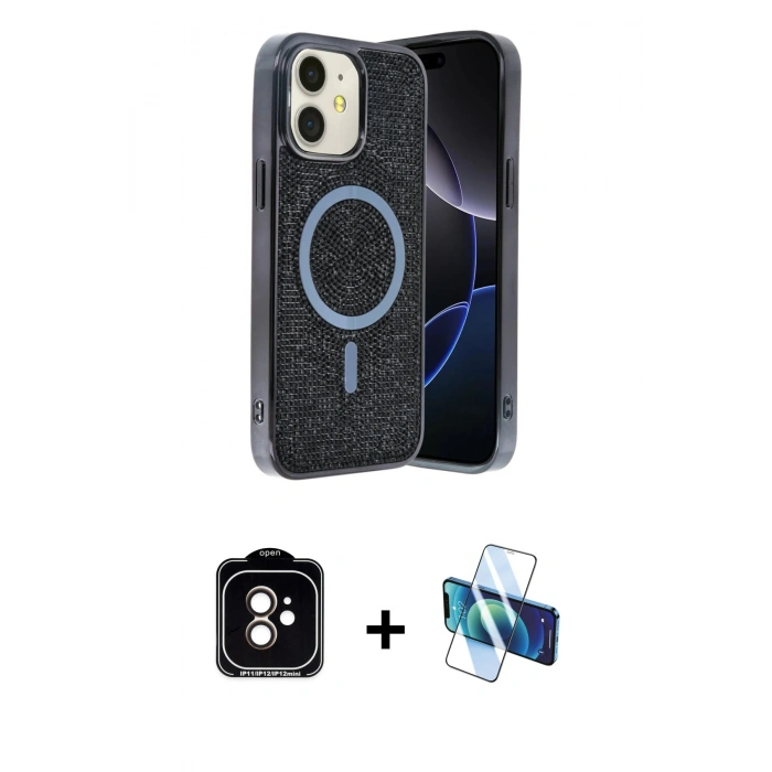 MARSİLYAN™- iPhone 11 Kılıf Eksen Çizgi - Siyah 3D Antistatik Seramik Nano Ekran Koruyucu + Turuncu PVD Metal Kamera Lens
