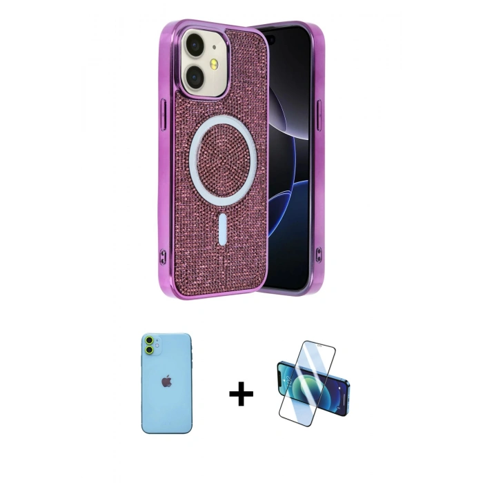MARSİLYAN™- iPhone 11 Kılıf Eksen Çizgi - Siyah 3D Antistatik Seramik Nano Ekran Koruyucu + Neon Fosforlu Kamera Lens - YL