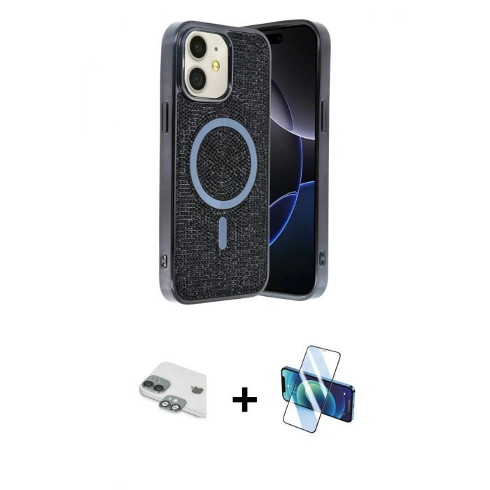MARSİLYAN™- iPhone 11 Kılıf Eksen Çizgi - Siyah 3D Antistatik Seramik Nano Ekran Koruyucu + Pers Alüminyum Kamera Lens - YL