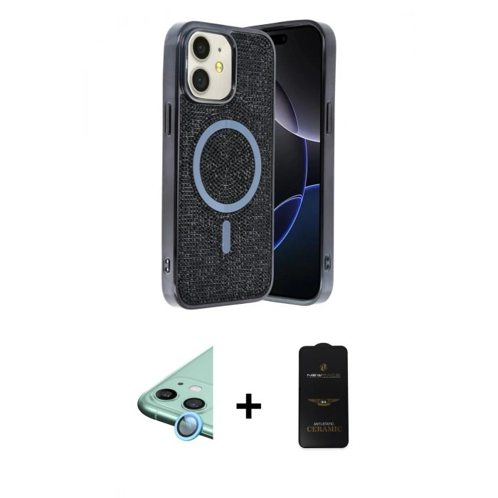 MARSİLYAN™- iPhone 11 Kılıf Eksen Çizgi - Siyah 6D Antistatik Mat Seramik Hayalet Nano Ekran Koruyucu + Raze Metal Kamera Lens - MI