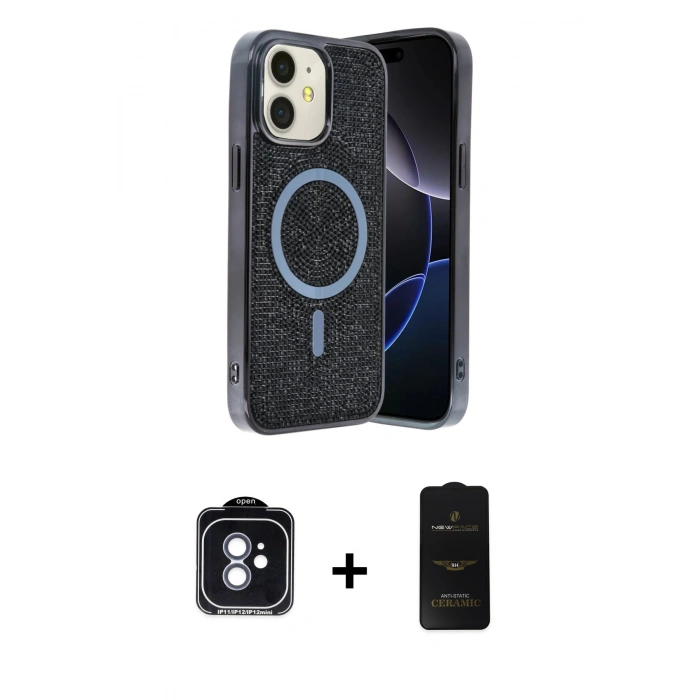 MARSİLYAN™- iPhone 11 Kılıf Eksen Çizgi - Siyah 6D Antistatik Mat Seramik Hayalet Nano Ekran Koruyucu + PVD Metal Kamera Lens - MI