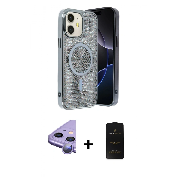 MARSİLYAN™- iPhone 11 Kılıf Eksen Çizgi - Siyah 6D Antistatik Mat Seramik Hayalet Nano Ekran Koruyucu + Mor Raze Metal Kamera Lens