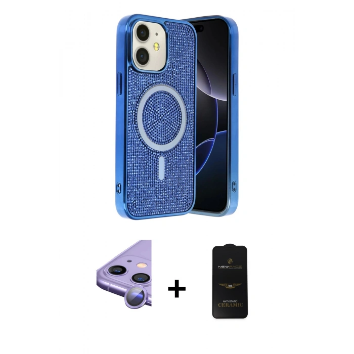 MARSİLYAN™- iPhone 11 Kılıf Eksen Çizgi - Siyah 6D Antistatik Mat Seramik Hayalet Nano Ekran Koruyucu + Mor Raze Metal Kamera Lens