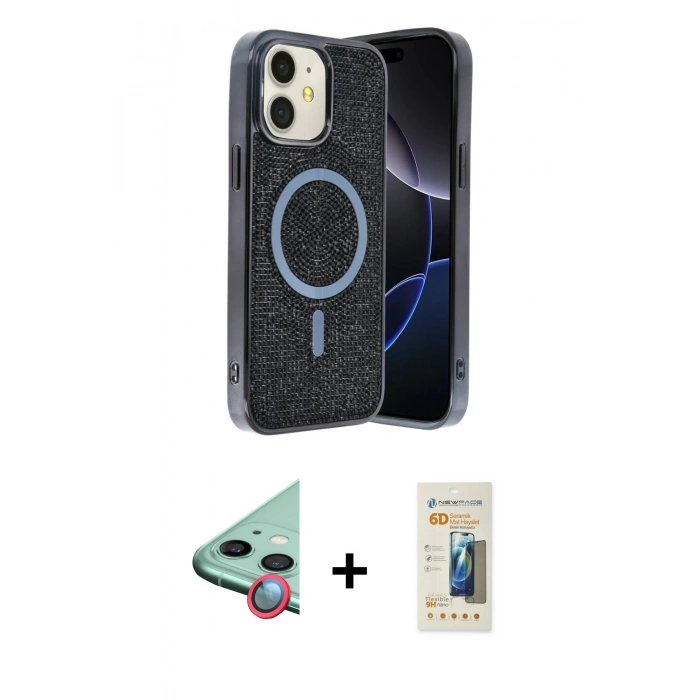 MARSİLYAN™- iPhone 11 Kılıf Eksen Çizgi - Siyah 6D Mat Seramik Hayalet Nano Ekran Koruyucu + Raze Metal Kamera Lens - KI