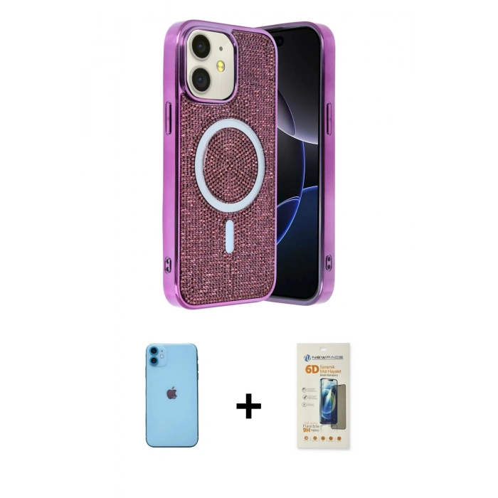 MARSİLYAN™- iPhone 11 Kılıf Eksen Çizgi - Siyah 6D Mat Seramik Hayalet Nano Ekran Koruyucu + Neon Fosforlu Kamera Lens - MI