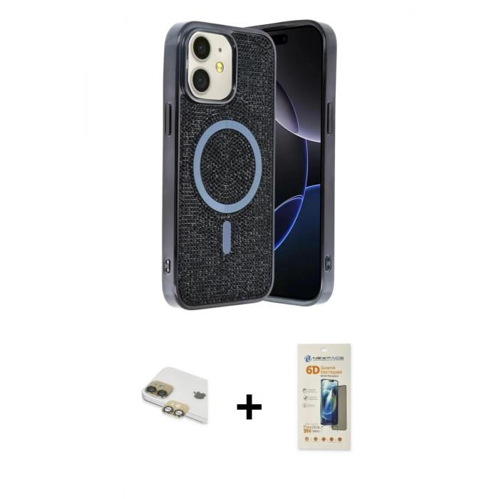 MARSİLYAN™- iPhone 11 Kılıf Eksen Çizgi - Siyah 6D Mat Seramik Hayalet Nano Ekran Koruyucu + Pers Alüminyum Kamera Lens - GD