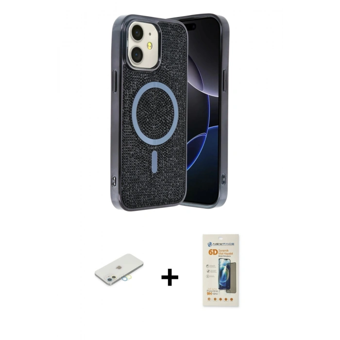 MARSİLYAN™- iPhone 11 Kılıf Eksen Çizgi - Siyah 6D Mat Seramik Hayalet Nano Ekran Koruyucu + Renkli Kamera Lens Koruma Cam - SI