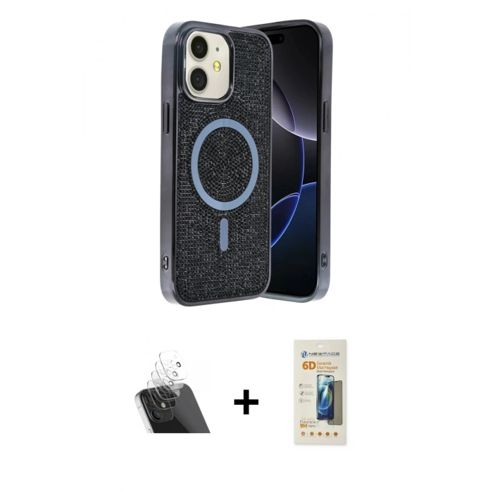 MARSİLYAN™- iPhone 11 Kılıf Eksen Çizgi - Siyah 6D Mat Seramik Hayalet Nano Ekran Koruyucu + Şeffaf Kamera Lens Koruma Cam