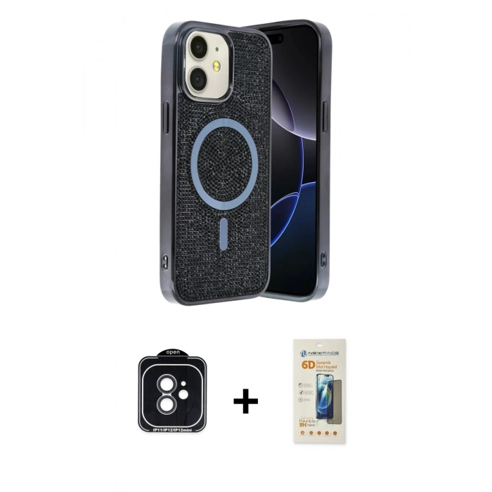 MARSİLYAN™- iPhone 11 Kılıf Eksen Çizgi - Siyah 6D Mat Seramik Hayalet Nano Ekran Koruyucu + PVD Metal Kamera Lens - SH