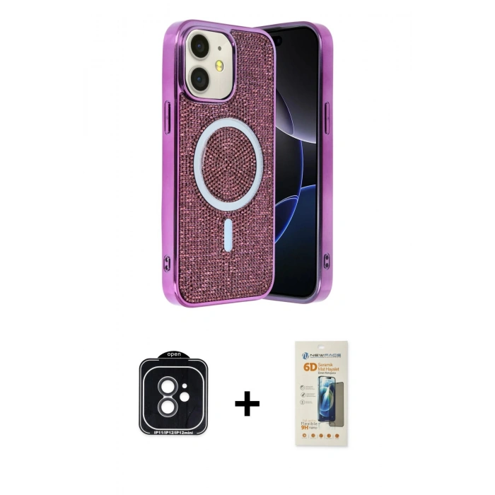 MARSİLYAN™- iPhone 11 Kılıf Eksen Çizgi - Siyah 6D Mat Seramik Hayalet Nano Ekran Koruyucu + PVD Metal Kamera Lens - SH
