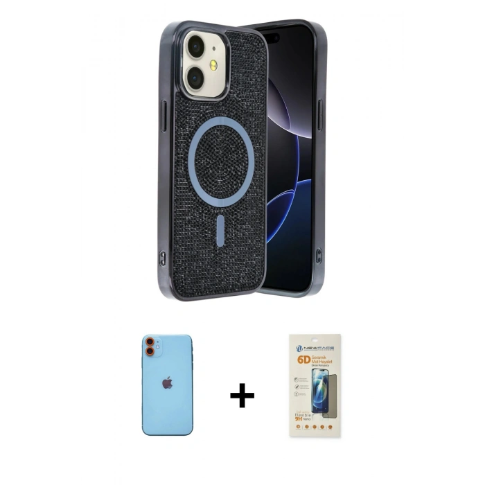 MARSİLYAN™- iPhone 11 Kılıf Eksen Çizgi - Siyah 6D Mat Seramik Hayalet Nano Ekran Koruyucu + Neon Fosforlu Kamera Lens - TU